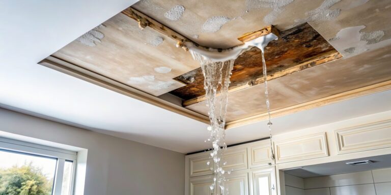 Water leaking through damaged ceiling with visible mold and drywall deterioration from indoor water damage in West Orange County, CA